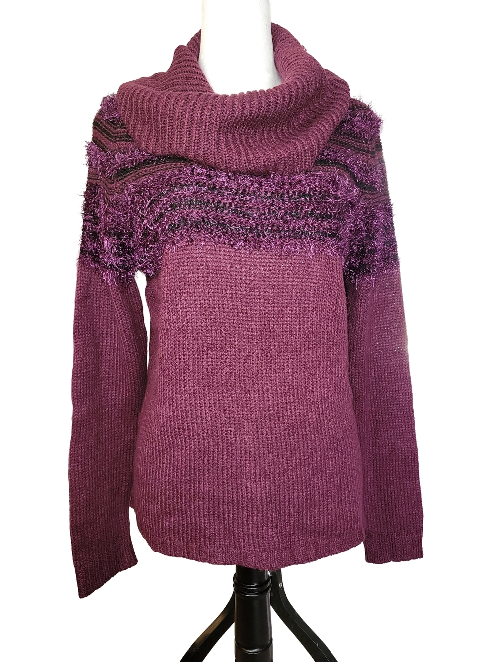 Spense Maroon/Purple Cowl Neck Sweater With Eyelash Knit Textured Detail / Large